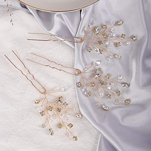 YERTTER 3 Pcs Wedding Hair Pins Decorative Rhinestones Crystal Vine Bridal Bun Clip Accessories for Brides and Bridesmaids (Gold)