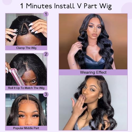 Wavy V Part Wig Wear And Go Glueless Upgrade U Part Wig Body Wave Natural Black Synthtic Hair Soft As Human Hair Half Wigs For Black Women 180% Density (Natural Color, 24 Inch)