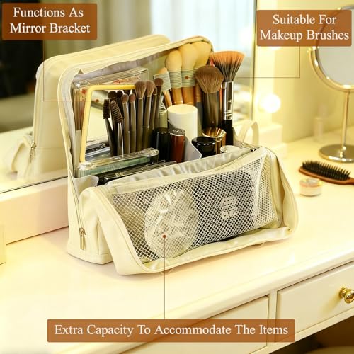 Standing Makeup Bag, Multifunctional Large Capacity Makeup Bag with Compartments,Waterproof Portable and Foldable Travel Makeup Storage Bag for Women (Beige)