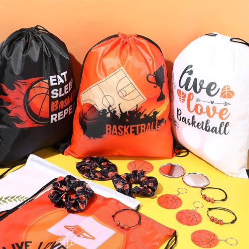 75 Pieces Basketball Team Gifts Set Includes 12 Pcs Makeup Bag 12 Ball Drawstring Bags 12 Hair Ties 12 Bracelets 12 Pcs Compact Mirror 12 Keychains(Orange Color,Basketball)