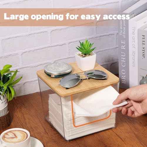 Rainmae Disposable Face Towel Holder, Acrylic Facial Towels Storage Box for XL Clean Skin Club, Upgrade Large Tissue Holder with Bamboo Lid Towel Organizer Container for Bathroom Vanity Countertop