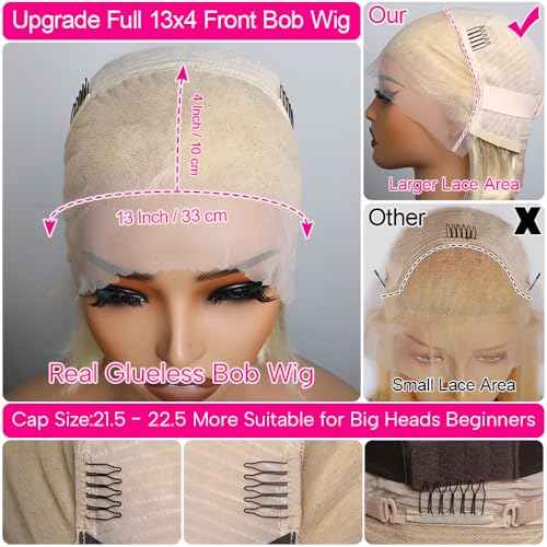 Blonde Bob Wig Human Hair 13x4 HD Lace Frontal Glueless Wigs Human Hair for Black Women 180 Density Pre Plucked 100% Brazilian Virgin Blonde Wigs Human Hair - 10 Inch Skinlike 613 Bob Wig