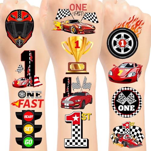 Fast One Temporary Tattoos Stickers, Race Car 1st Birthday Party Favors Decorations Supplies Gifts for Boys Girls Classroom Rewards