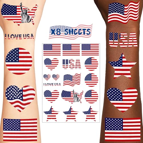 136 PCS American Flag Tattoos, Fourth of July Decorations Tattoos, Red White and Blue Party Supplies, Gifts for Boys, Girls, Accessories for Independence Day, Memorial Day, Labor Day