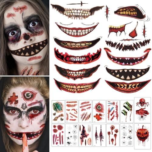 WdrKo 26 pcs Halloween Prank Makeup Temporary Tattoos Set for Adults - Horror Face & Wound Stickers for Cosplay & Parties