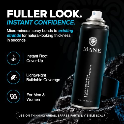 Mane Micro-Mineral Thickening Spray & Root Touch Up – Black, 200 ml (6.76 fl oz) for Fine & Thinning Hair