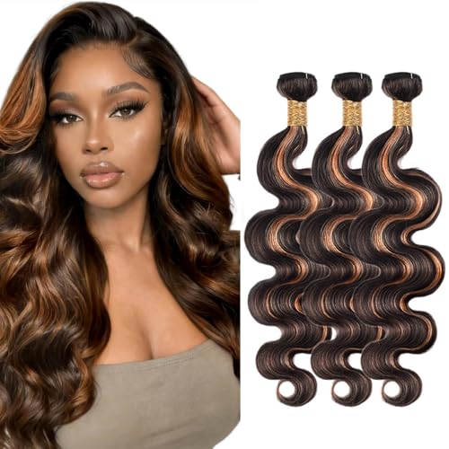 DiexrLamx P1B30 Highlight Brown Body Wave Human Hair Bundles 28-32 Inch 3-Pack