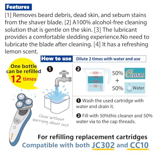 2X Concentrated Shaver Cleaning Solution Refill Compatible with Philips Norelco SmartClean & Quick Clean Pod Systems ? Makes Up to 12 Cartridge Refills, 1L (33.8 oz), Made in Japan