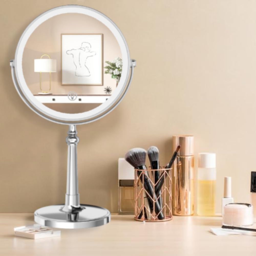 9" Large Make up Vanity Mirror with Lights Chrome Two Way Mirror 1x/10x Magnifying Mirror with Light and Stand 4000mAh Rechargeable Led Makeup Mirror for Desk Dresser Table