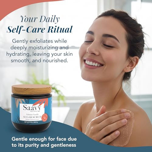 Saavy Naturals Body Scrub - Scented Sugar Vanilla Extract, Natural Body Scrub & Vegan Exfoliating with Vitamin E, Gentle for Sensitive Skin ? Made in USA ? Tahitian Vanilla (1 Pack) - 12 oz