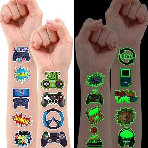 96 PCS Game Pre-Cut Luminous Glow in the dark Temporary Tattoos Themed for Kids Birthday Party Decorations Supplies Favors Decor Super Cute Tattoo Stickers Sticker Gifts for Games Boys Girls
