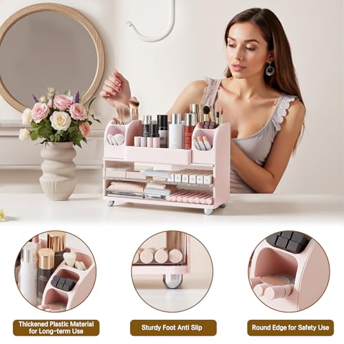 Makeup Organizer for Vanity Countertop with 2 Large Drawers, Spacious Display Cabinet, Partitioned Top Compartment 6 Brush Holders - Pink Beauty Storage Solution