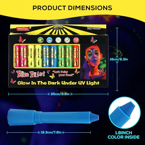 12 Pcs Neon Face & Body Paint Glow Under Blacklight