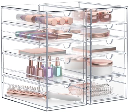 Sorbus Makeup Organizer With 10 Drawers, Acrylic Drawer Organizer for Makeup, Office Organization and Storage, Art Supplies, Jewelry, Stationary - 2 Pcs Clear Stackable Storage Bins Organizer Drawers