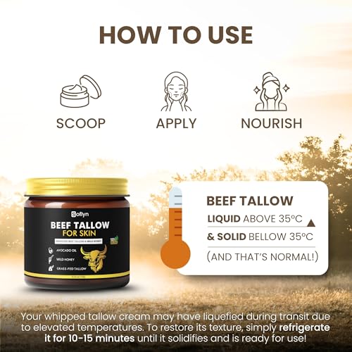 Beef Tallow for Skin - 100% Grass-Fed Beef Tallow and Honey Balm - Whipped Tallow Balm for Face, Lips & Body - Natural Moisturizer Face Cream for Dry, Sensitive & Mature Skin - 4.2oz 120g Jar