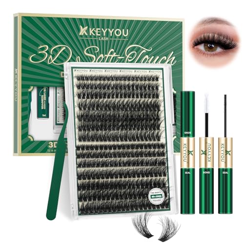 KEYYOU 3D Volume Lash Clusters Kit - 280Pcs D Curl with Bond & Tweezers