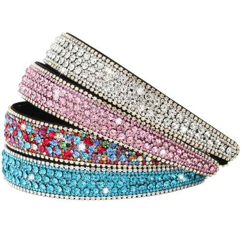 Wecoe 4 Pack Rhinestone Headbands Women Fashion Glitter Sparkly Diamond Headbands Flower Girls Back to School Prom Hair Accessories Women Girls Birthday Gift (Silver, Pink, Light Blue, Mixed Color)