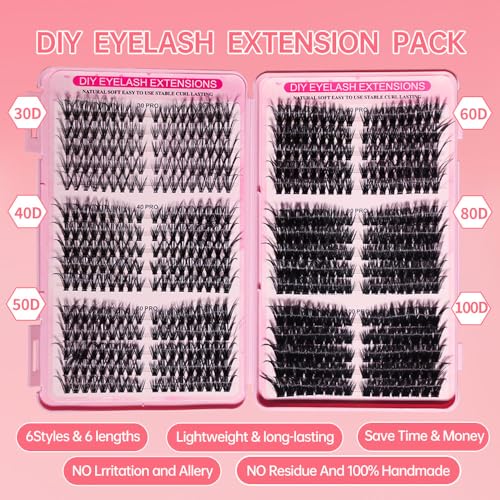 DIY Lash Clusters Kit Lash Extension Kit, 540pcs,30D&40D&50D&60D&80D&100D, 9-16mm, D Curl, Natural Volume Lash Extensions Wispy Eyelash Clusters Individual Lashes Kit,10#Black