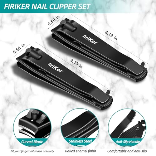 firiKer 2PCS Nail Clippers Set, Heavy Duty Black Matte Stainless Steel nail Clipper with Nail File, Ultra Sharp Fingernail and Toenail Clipper Cutters,Clipper Tools for Men & Women