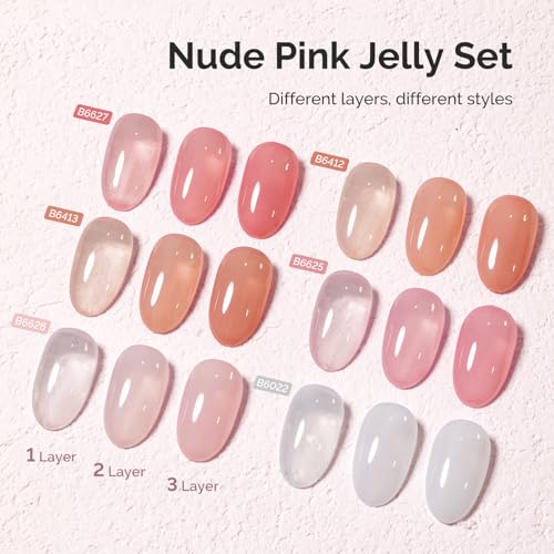 MelodySusie Nude Pink Jelly Gel Nail Polish Set - Milky or Jelly Texture, 6PCS 7.5ML