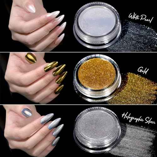 Teenitor Gold Chrome Nail Powder Kit with Nail Charms and Gems, Pearl Nail Chrome Powder for Nails, Silver Crome Powder for Gel Nails, Nail Supplies Nail Decor