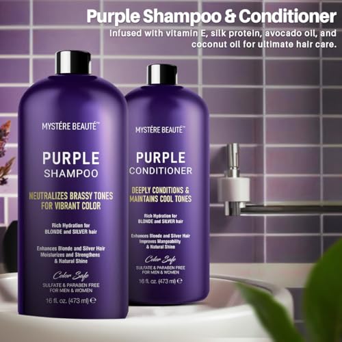 MYSTÉRE BEAUTÉ Purple Shampoo & Conditioner Set for Blonde & Gray Hair - Sulfate-Free 16 fl oz