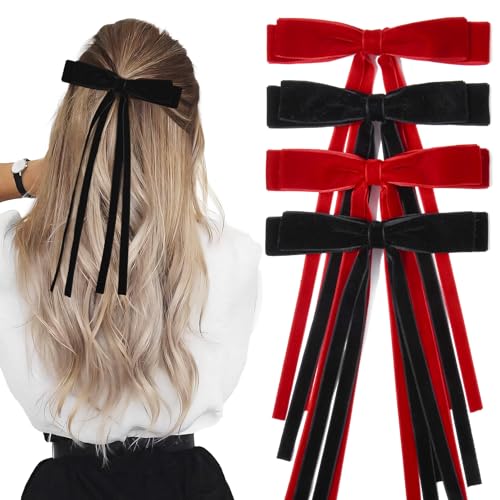 4PCS Velvet Hair Bows Ribbon Hair Clip Black Red Ponytail Holder Accessories Slides Metal Clips Barrettes Girls Toddlers Teens