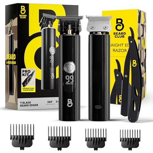 The Beard Club Professional T-Blade Beard Trimmer for Men with Straight Razor - Barber Electric Shaver & Hair Clippers for Men ? Zero Gapped Cordless Hair Trimmer & Edger, Line Up Grooming Kit