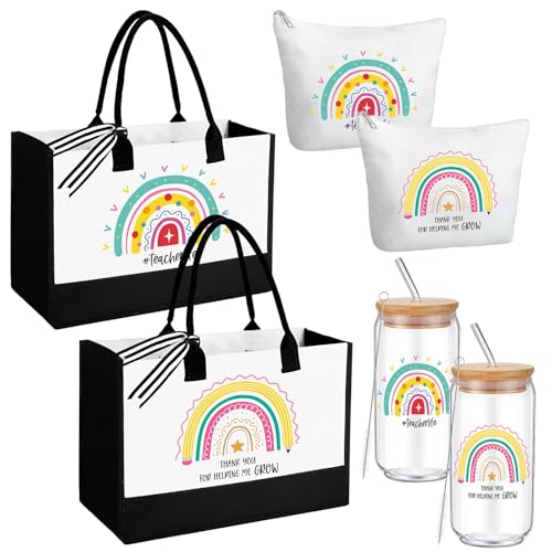 Hushee 6 Pcs Christmas Teacher Gift for Women 2 Set Appreciation Gift Include Teacher Tote Bag Tumbler and Makeup Bag