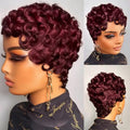 FREEKWEEN Short Pixie Cut Wig 99J Burgundy Human Hair with Bangs for Black Women