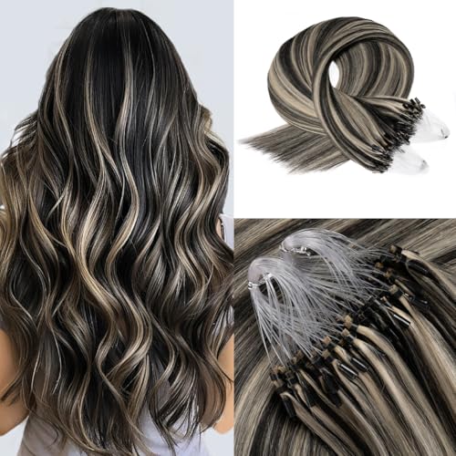 Micro Beads Hair Extensions Real Human Hair Brown Micro Loop Human Hair Extensions 16 Inch #1B/613 Straight Remy Human Hair Micro Link Hair Extension 1g/Strand 50g(#1B/613, 16inch)