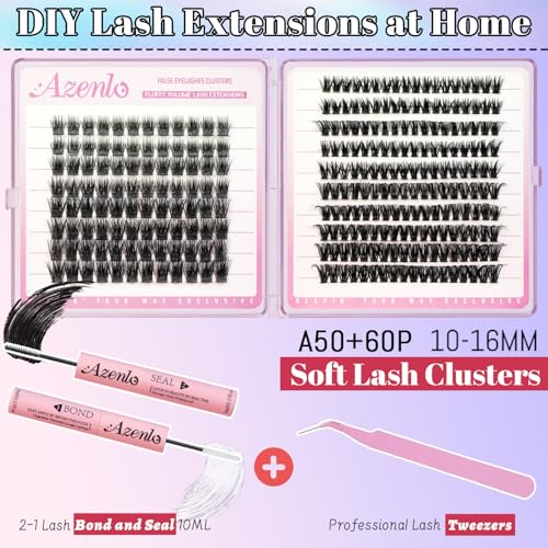 Lash Extension Kit A50+60D Fluffy Lash Clusters Kit D Curl Thick Cluster Eyelashes Extensions 10-16mm DIY Individual Lashes Natural Eyelash Clusters Kit with Lash Bond and Seal Waterproof