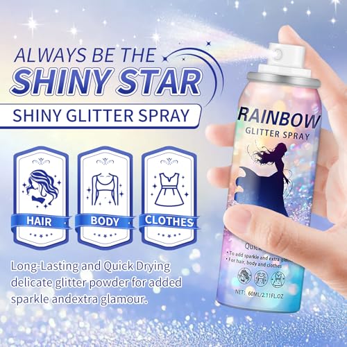AWCCXMYM Body Glitter Spray Temporary Sparkle Glitter Spray for Hair and Body Long-Lasting and Quick-Drying Shiny Hairspray for Christmas Festival Concert Party Rave Accessories 2.11 Fl Oz