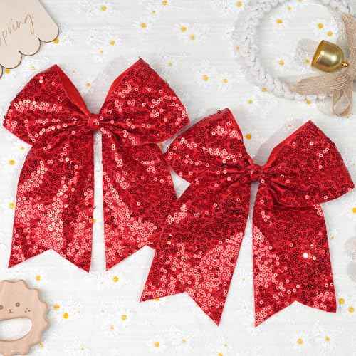 Red Glitter Bow Clips, 7.5 Inch Large Hair Bows Ponytail Holder Hair Accessories for Girls Women Teens for Cheerleading, Dance, Party (Red)