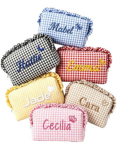 Personalized Ruffled Plaid Makeup Bag - Custom Name Cosmetic Pouch