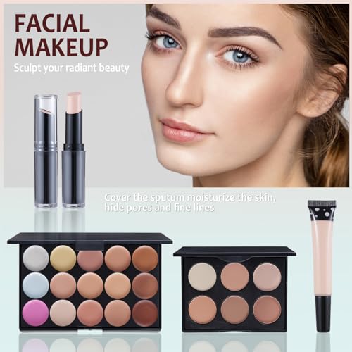 Makeup Kit For Women Full kit, Makeup Set For Teen Girls Eyeshadow Lip gloss Lipstick Make up Brushes Eyebrow Eyeliner Pen Liquid Concealer Foundation Primer Puff Eye shadow Shields Eye Brow Stencil