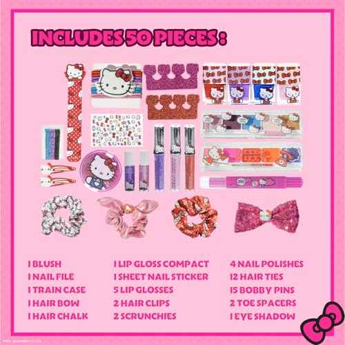 Hello Kitty Train Case Cosmetic Makeup Set Includes Lip Gloss, Eye Shimmer, Nail Polish, Hair Accessories & More! For Girls, Ages 6+ Perfect for Parties & Makeovers by Townley Girl