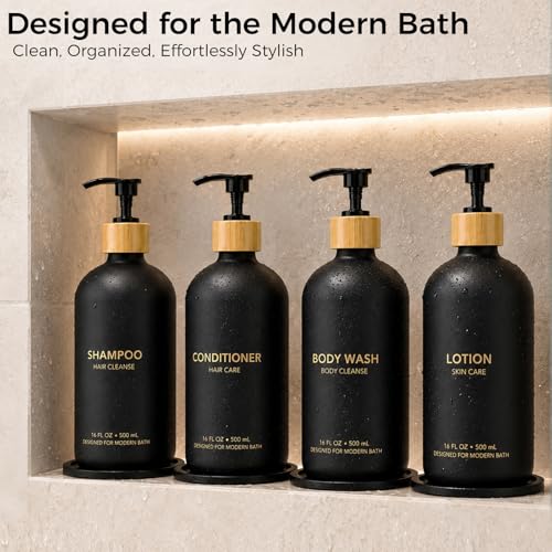Black Glass Shampoo and Conditioner Dispenser Set - 4 Pack with Travel Bottles