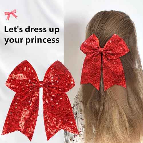 Red Glitter Bow Clips, 7.5 Inch Large Hair Bows Ponytail Holder Hair Accessories for Girls Women Teens for Cheerleading, Dance, Party (Red)
