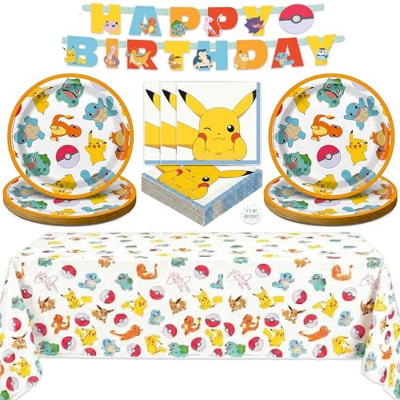 Pokemon Birthday Party Kit for 16 - Tablecloth, Plates, Napkins & Banner