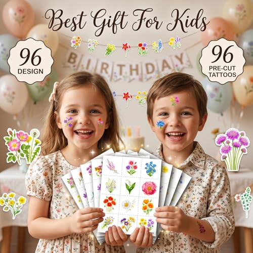 96 PCS Wildflower Temporary Tattoos for Kids