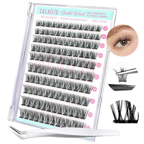 CALAILIS Self Adhesive Eyelashes 120Pcs D Curl Press on Wispy Lash Clusters No Glue Needed DIY Cluster lashes Pre Glued Reusable Glueless Eyelash Clusters Kit with Tweezers for Beginners (ZBP08)