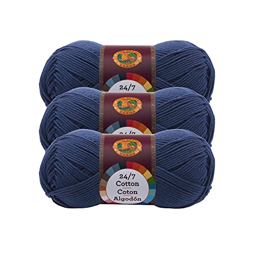 Lion Brand 24/7 Cotton Yarn, Lightweight Yarn for Knitting, Crocheting, and Crafts, Navy, 3 Pack