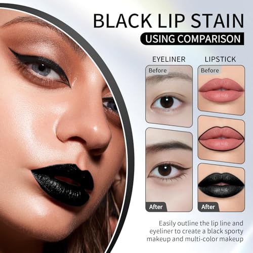 AWCCXMYM 2Pcs Black Lipstick Matte Lip Gloss Non-Sticky Lip Stain Black Liquid Lipstick Long Lasting Waterproof Lip Liner Set Christmas Festival Party Cosplay Halloween Makeup