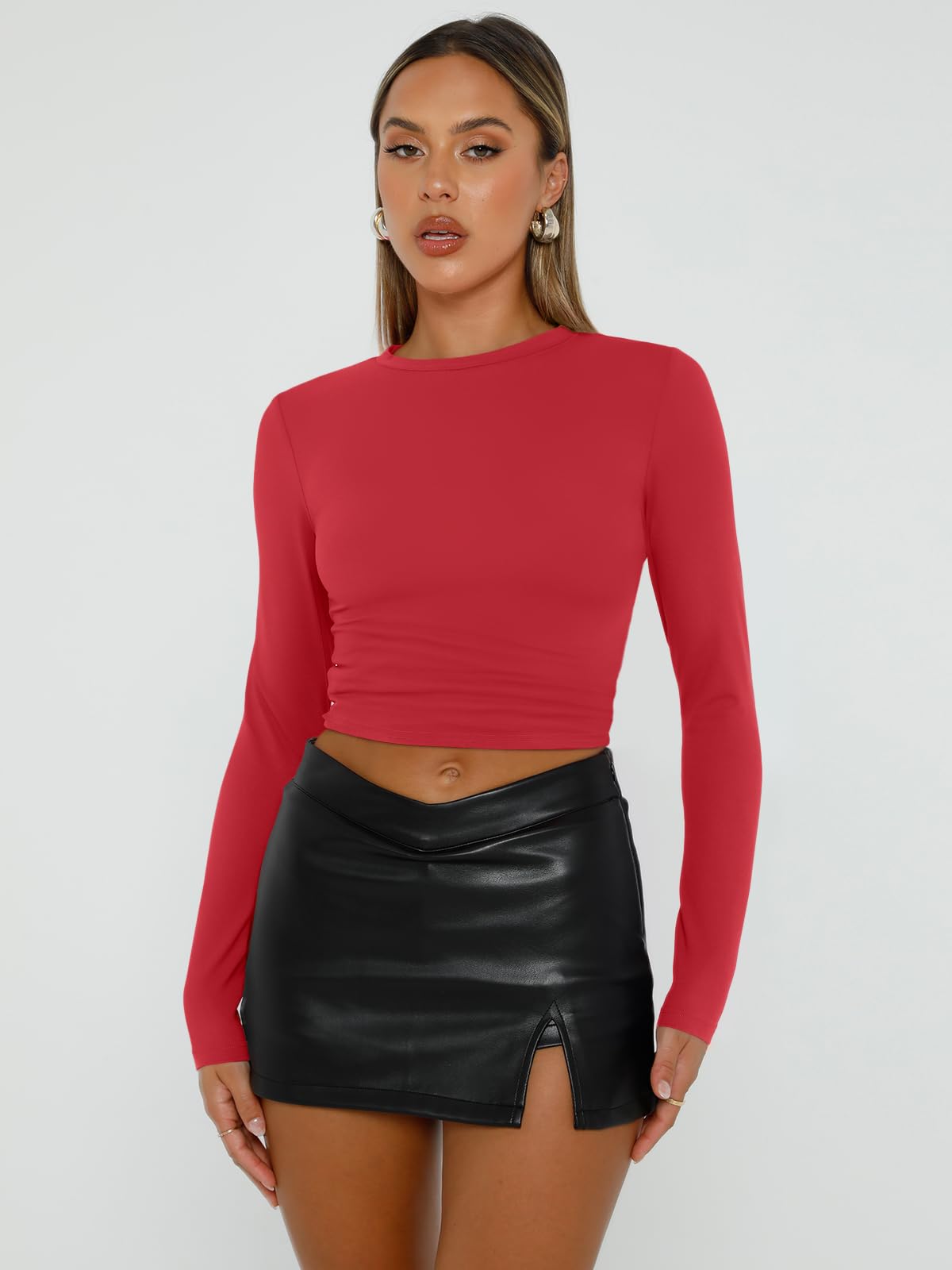 Trendy Queen Womens Long Sleeve Shirts Basic Spring Crop Tops Tees Tight Slim Fit Cute Going Out Outfits Teen Girls Fall Winter Y2k Clothes 2024 Red XS