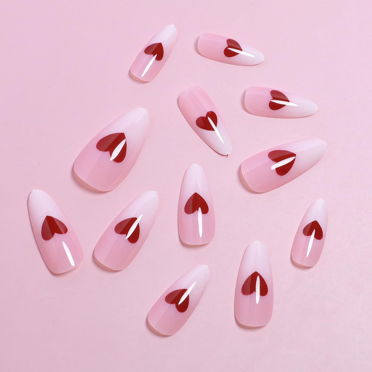 72PCS (3 Boxes) Press on Nails Medium Design, Medium Fake Nails Almond French False Nails with Floral Love Glue Acrylic Nails for Women & Girls 24pcs