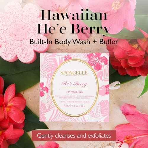 Spongell? He'e Berry Hawaiian Buffer | Body Wash Infused Sponge with Awapuhi & Kukui Nut Oil | Exfoliates & Hydrates | 14+ Uses