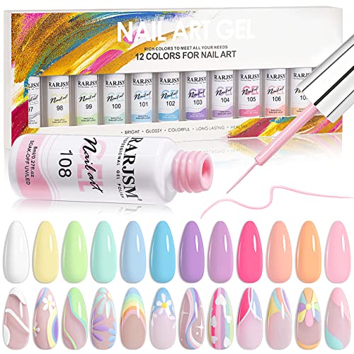 RARJSM Nail Art Gel Liner Painting Polish Set,12 Pastel Colors Spring Summer Collection,Painted Gel Nail Polish Set Build in Thin Brush Soak Off Curing Requires Salon DIY Nail Design Line Art Gel 8ML