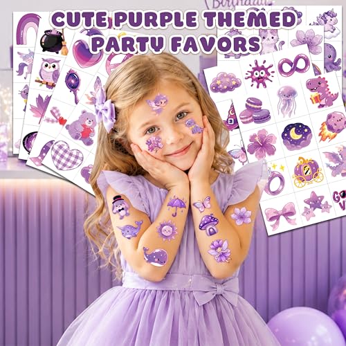96 Piece Purple Temporary Tattoos for Kids | Waterproof Kawaii
