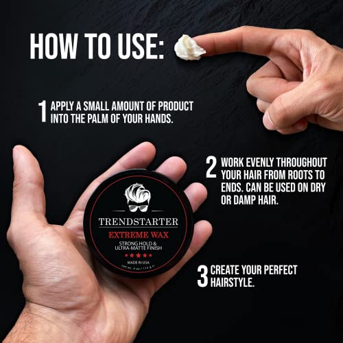 TRENDSTARTER - EXTREME WAX (4oz) - Strong Hold - Matte Finish - Premium Water Based Flake-Free Hair Wax for All Hair Types - All-Day Hold Hair Styling Pomade